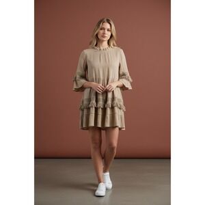 Lady Noiz Taupe Brown Tiered Boho Babydoll Dress Crochet Lace Fringe J539 Medium